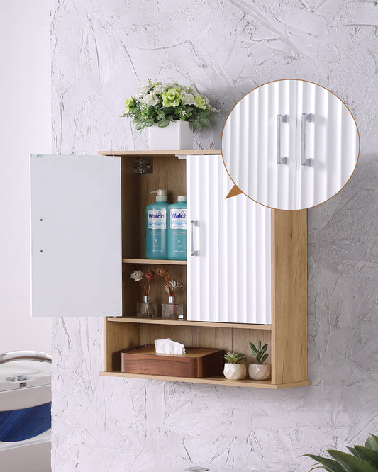 Bathroom Wall Cabinet With Double - Door, Bottom Shelf, Wavy - Patterned Doors, Adjustable Inner Shelf, Easy Installation, White & Natural Wood