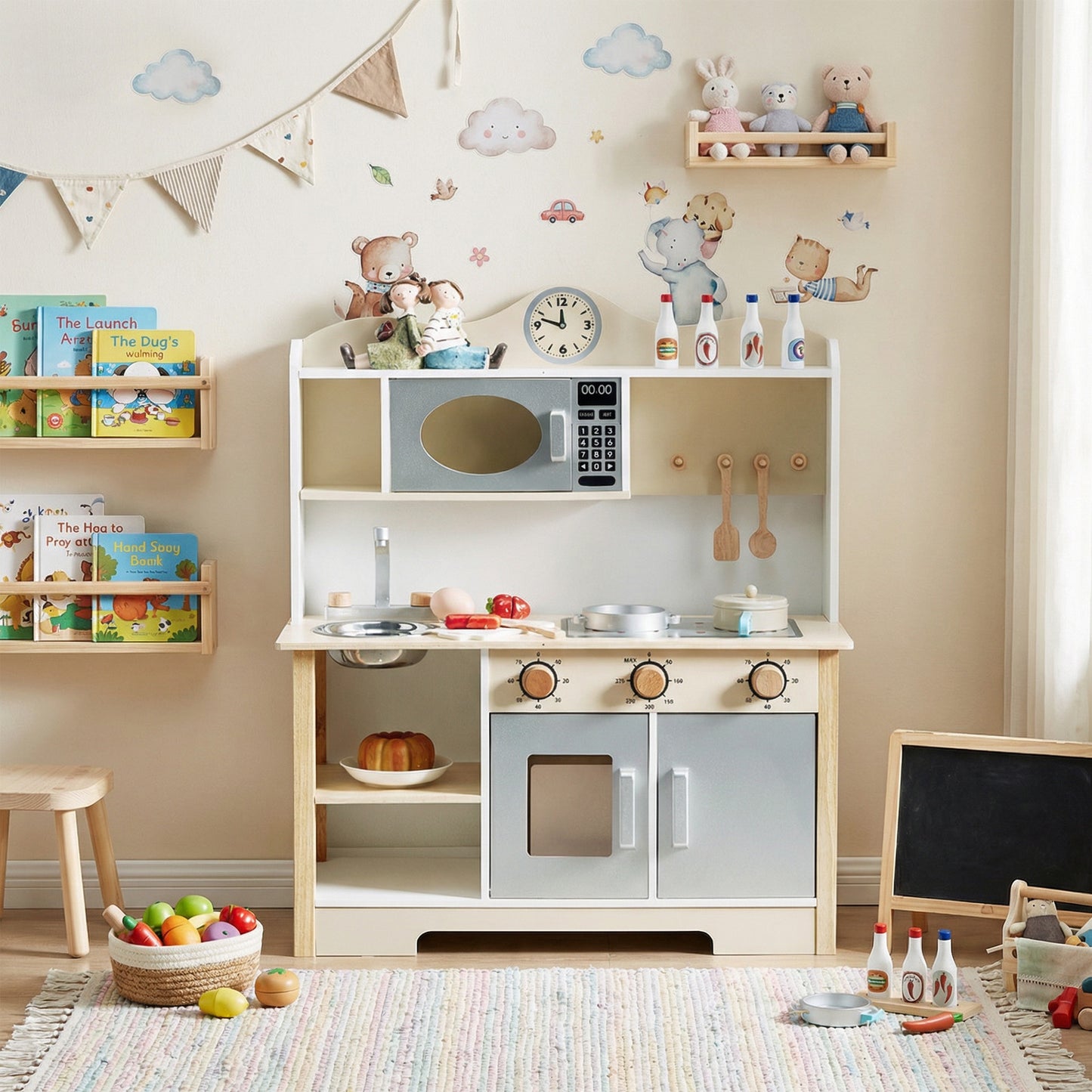 Wooden Play Kitchen Set Realistic Toddler Kitchen Playset With Oven Dishwashing Sink For Children Above 3 Years Old