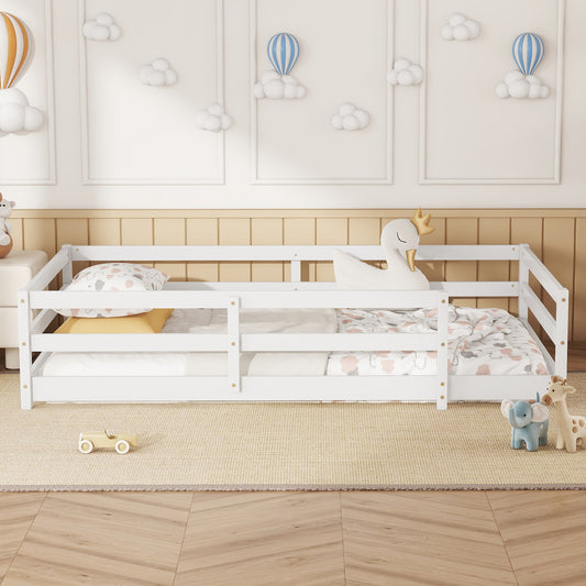 Twin Size Floor Bed, Montessori Floor Bed With Fence, Kids Montessori Bed Twin Size, Wood Montessori Floor Bed For Kids, Girls, Boys,white.