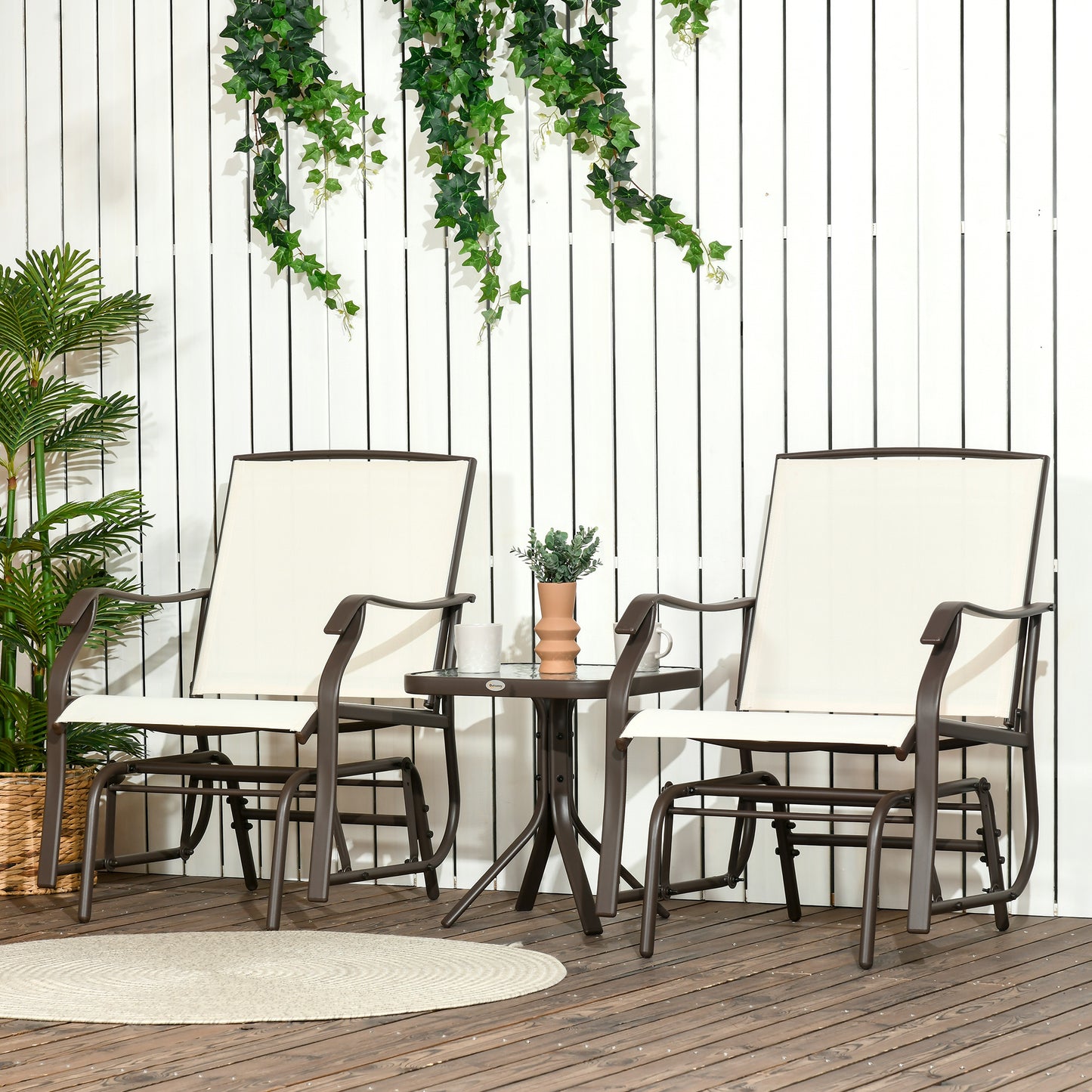 3 Piece Outdoor Glider Chair With Coffee Table Bistro Set, 2 Patio Rocking Swing Chairs With Breathable Sling Fabric, Glass Tabletop, For Backyard, Garden And Porch, Cream White