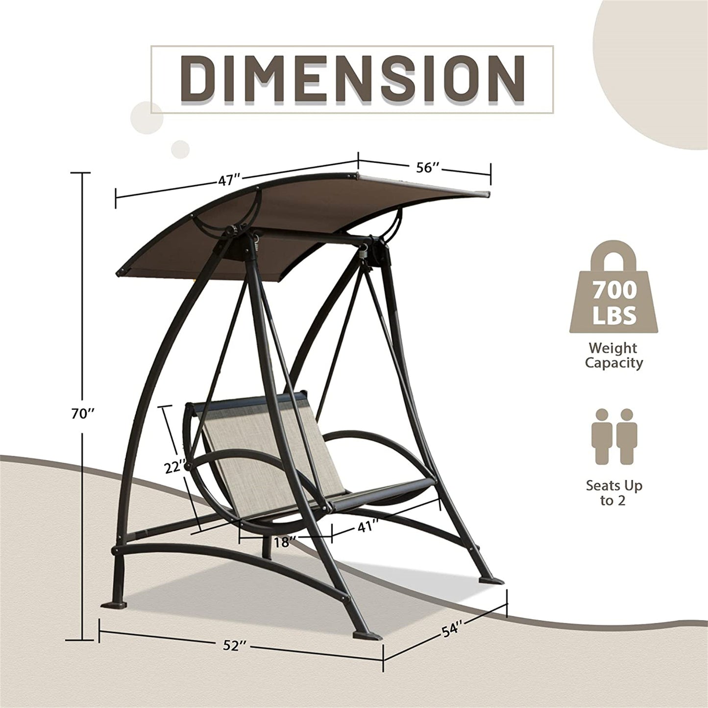 2-Seat Patio Swing Chair, Outdoor Porch Swing With Adjustable Canopy And Durable Steel Frame, Patio Swing Glider For Garden, Deck, Porch, Backyard