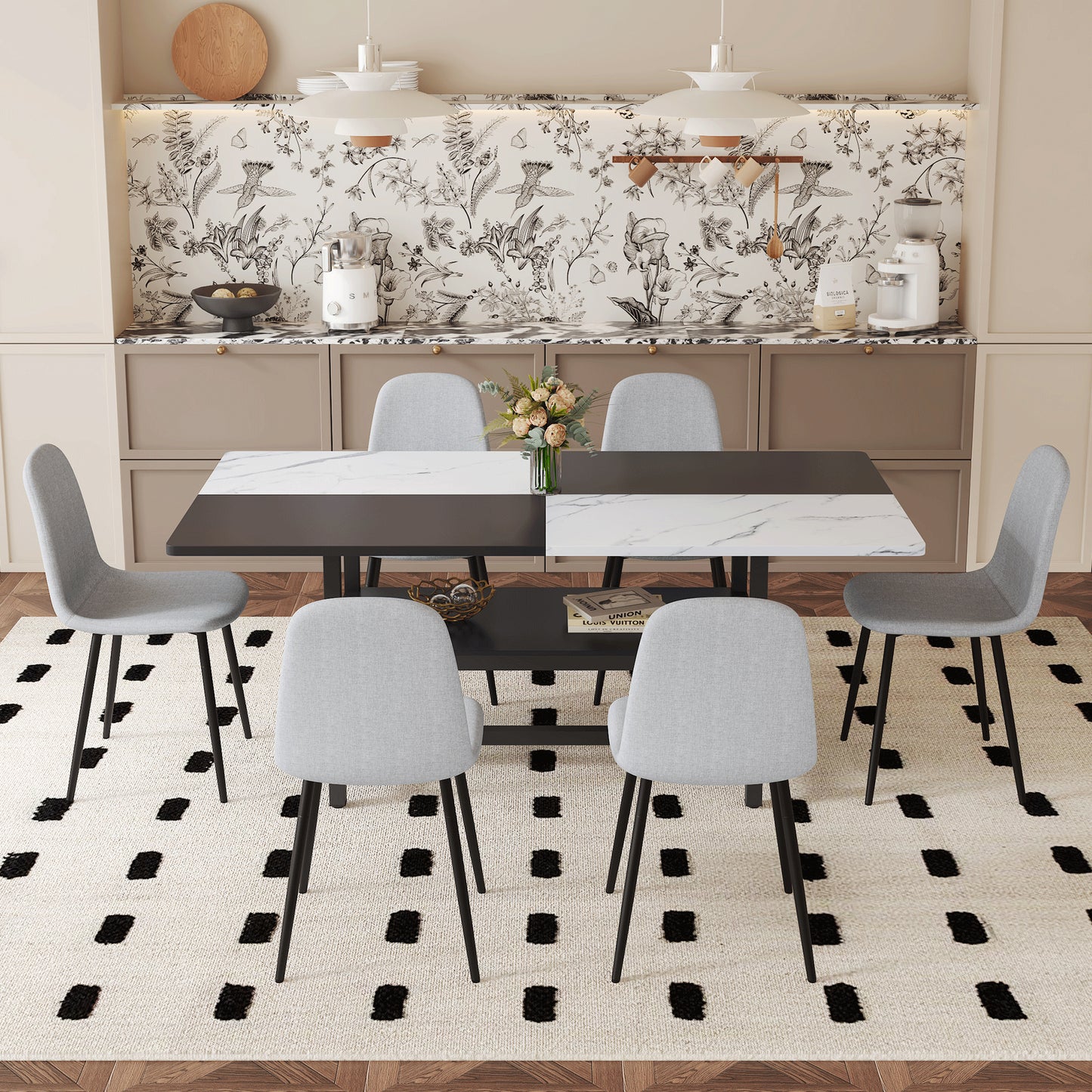 Table And Chair Set.71x35.4 Inch White And Black Spliced Dining Table With Storage Function In The Middle Of The Table Legs.Paired With 6 Light Gray Linen Fabric Chairs.