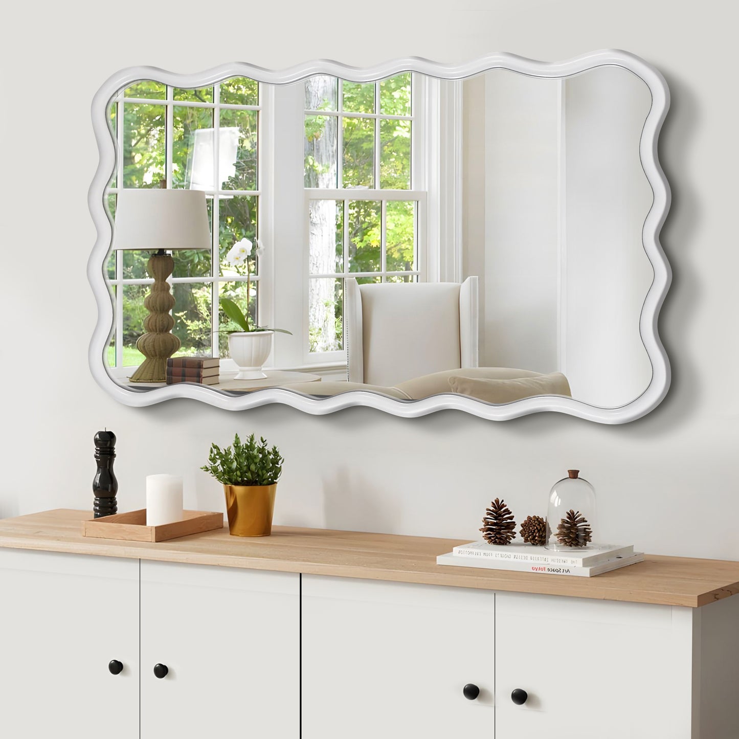Solid Wood Wavy Rectangle  Mirror-Natural-Wood   40 X 28 Modern Mirror Wall Decor For Bathroom, Bedroom, Living Room, Dining Room, Cloakroom, Entryway
