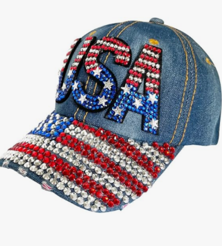 World Cup USA Bling Baseball Cap ,Rhinestone Denim Fan Hat,navy Blue