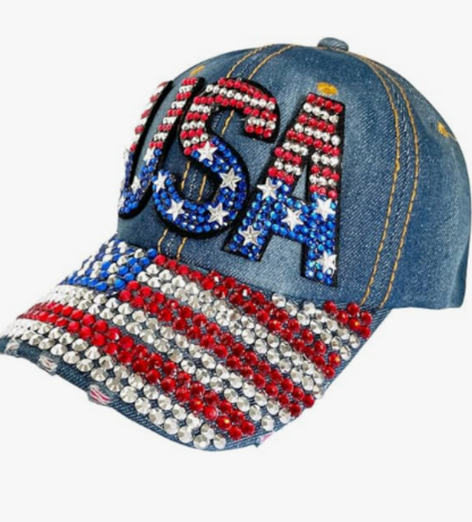 World Cup USA Bling Baseball Cap ,Rhinestone Denim Fan Hat,navy Blue
