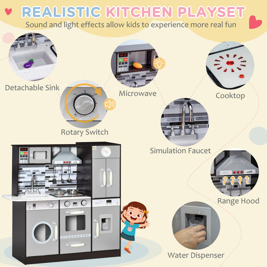 Wooden Play Kitchen With Lights Sounds, Kids Kitchen Playset With Washing Machine, Water Dispenser, Microwave, Range Hood, Refrigerator, Utensils, Gift For 3-6 Years Old
