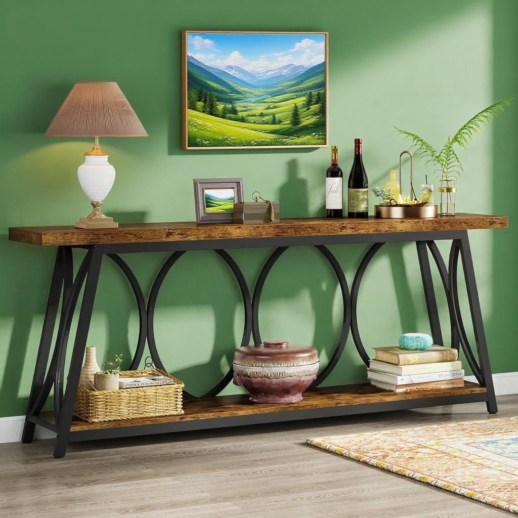 Extra Long Console Table, Industrial Sofa Table Behind Couch With 2 Tier Storage Shelf