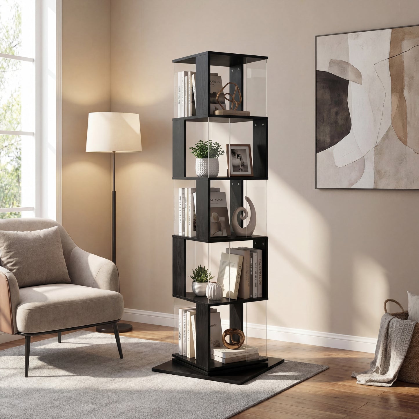 360 Rotating Bookshelf With Acrylic Plate, 5-Tier Tall, Floor Rack Simple Bookcase, Modern Display Shelf For Living Room Home Office Bedroom