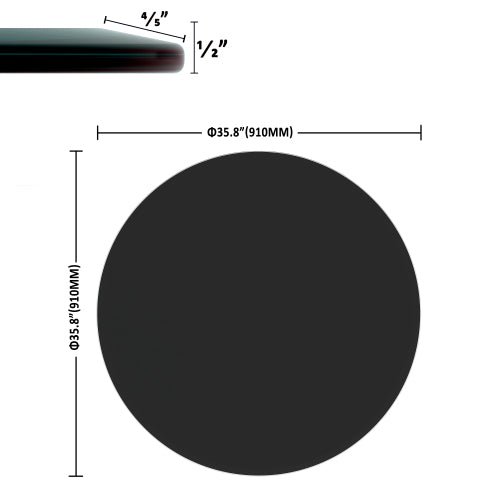 36  Inch Round Tempered Glass Table Top Black Glass 0.5  Inch Thick Beveled Polished Edge