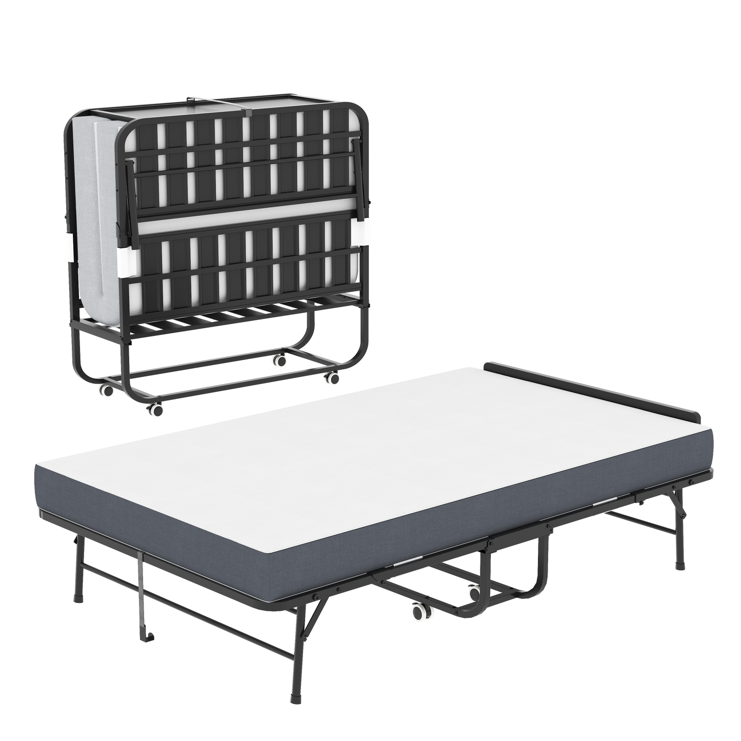 75x46 Wide Folding Bed With Adjustable Headboard, Extra Long Rollaway Bed For Tall People, 5 Memory Foam Mattress, Heavy-Duty Guest Bed On Wheels, Spacious Twin Cot