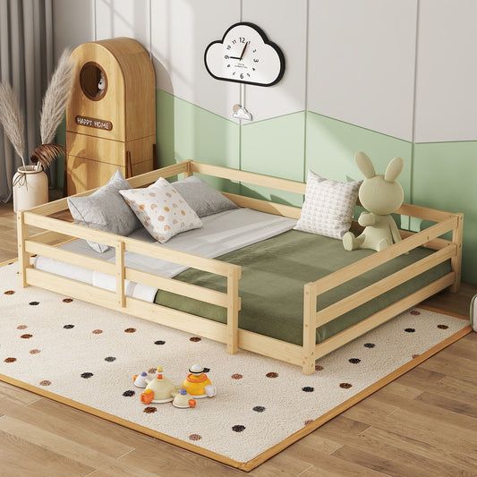 Full Size Floor Bed, Montessori Floor Bed With Fence, Kids Montessori Bed Full Size, Wood Montessori Floor Bed For Kids, Girls, Boys, Oak.