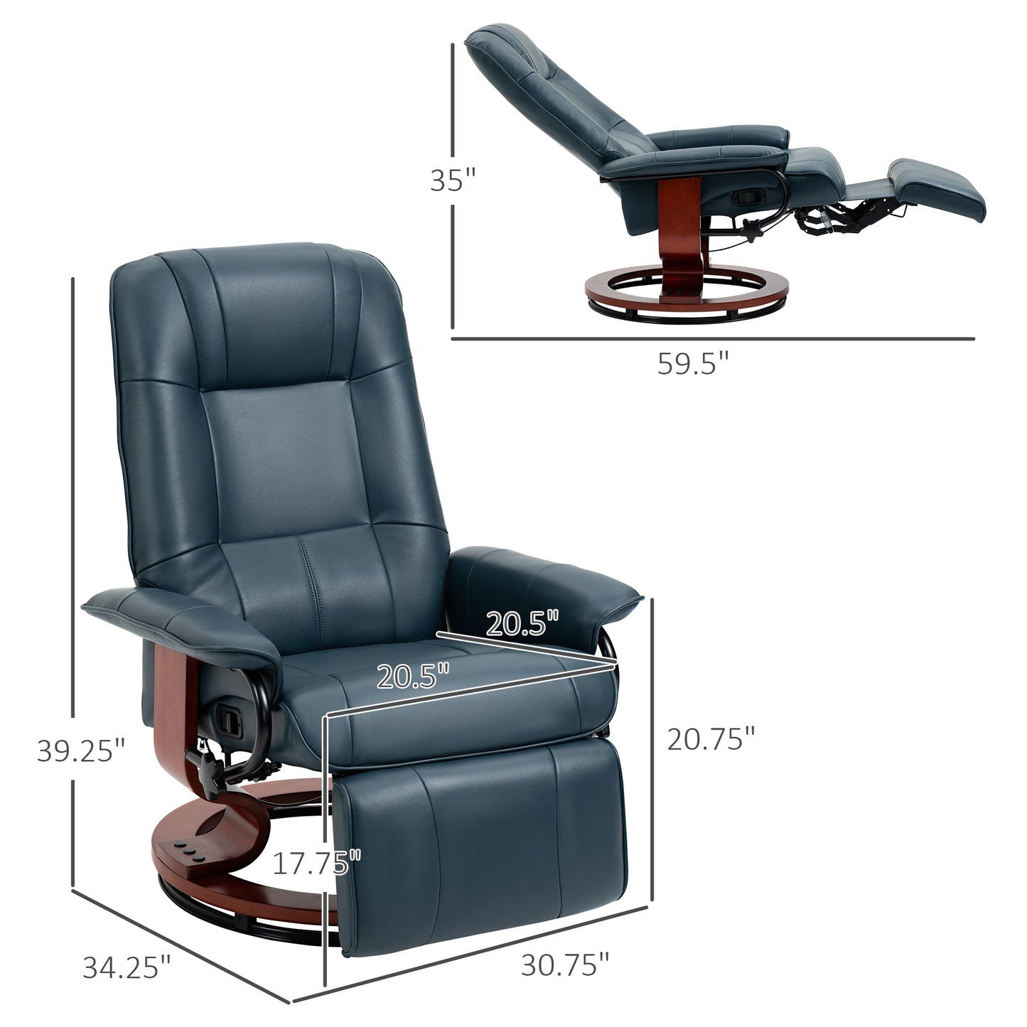 Faux Leather Manual Recliner, Adjustable Swivel Lounge Chair With Footrest, Armrest And Wrapped Wood Base For Living Room, Blue