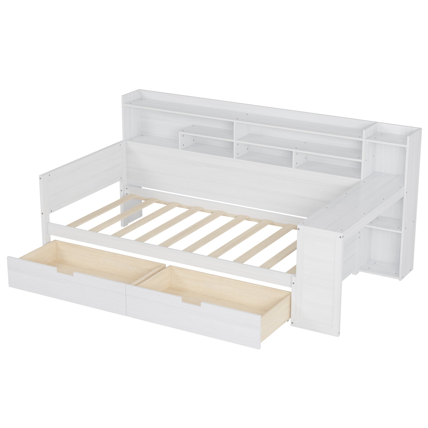Wooden Twin Size Daybed With Storage Shelves, Multi-functional Bed With Two Storage Drawers And  Study Desk, Antique White