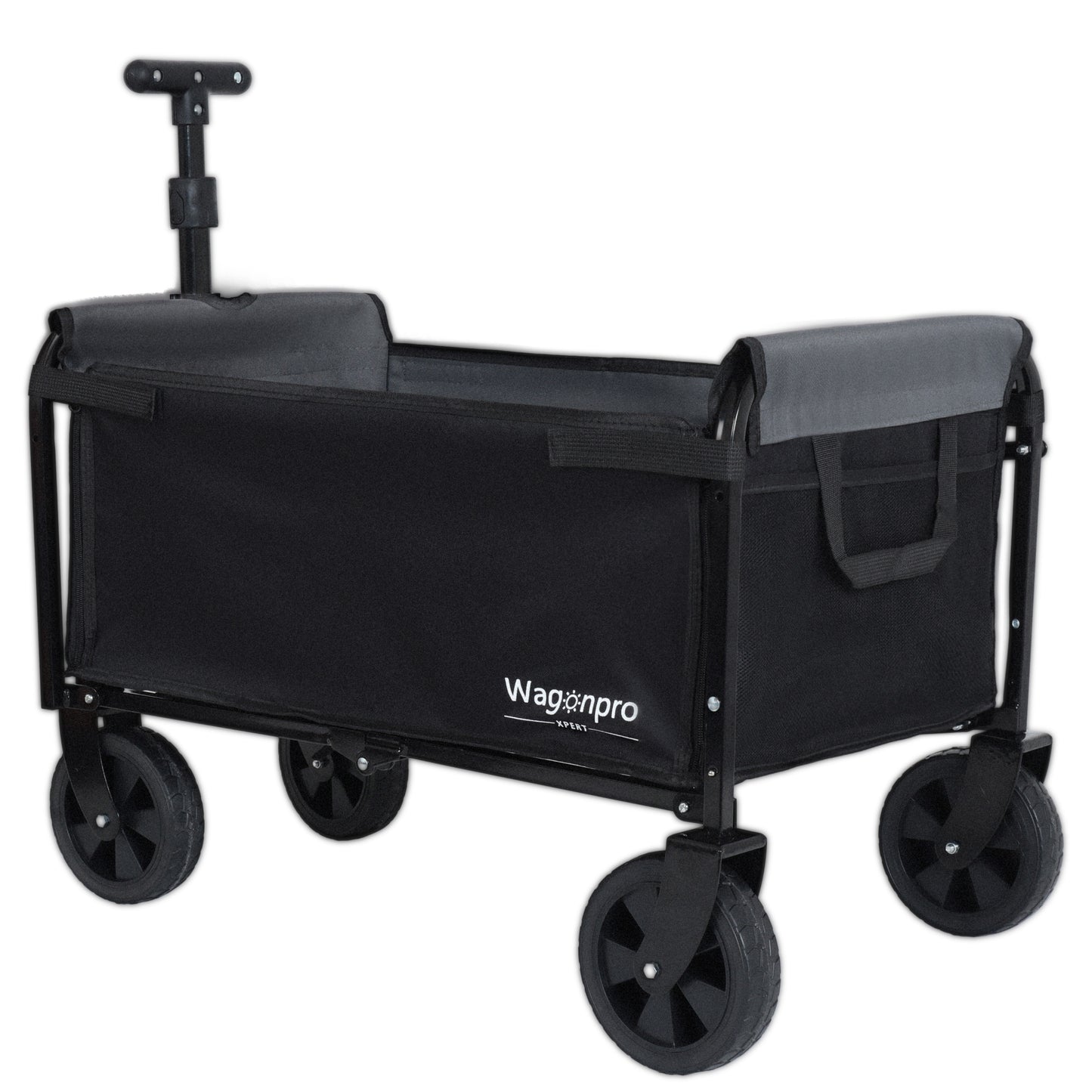 All- In- One Convertible Folding Camping Wagon Cart  Bench Seat  Storage Compartment & Included Dog Tether  Black Gray
