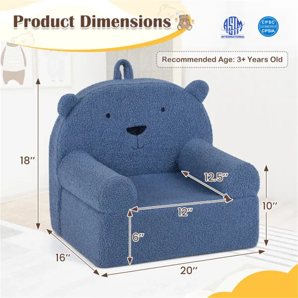 Bear-Shaped Kids Sofa, Teddy Fleece Foam Chair For Toddlers 3+, Portable Bear-Shaped Couch (Navy)