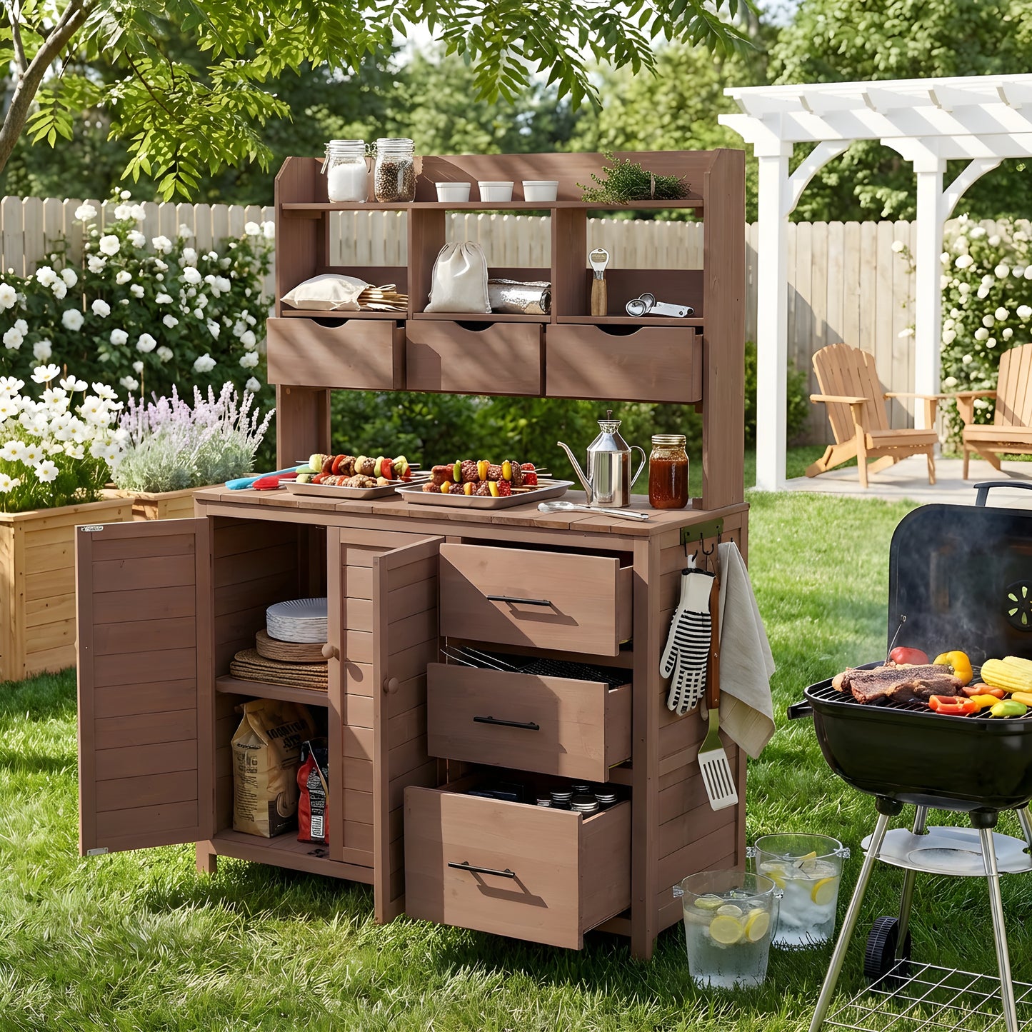 With Assembly Video  TOPMAx Farmhouse Patio Potting Bench  44.6 X19.5  Large Freestanding Garden Workstation With 6 Drawers  Bottom Cabinet And Side Hook  Outdoor Kitchen Island  Brown