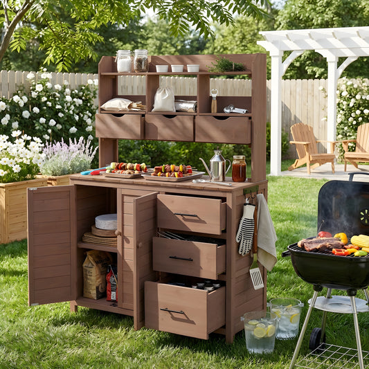 With Assembly Video  TOPMAx Farmhouse Patio Potting Bench  44.6 X19.5  Large Freestanding Garden Workstation With 6 Drawers  Bottom Cabinet And Side Hook  Outdoor Kitchen Island  Brown