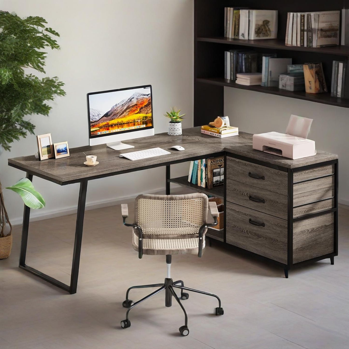 L-Shaped Desk With 3 Drawers, Reversible Corner Home Office Computer Desk With Shelves, 53-Inch Industrial PC Desk Study Writing Table Workstation