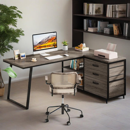 L-Shaped Desk With 3 Drawers, Reversible Corner Home Office Computer Desk With Shelves, 53-Inch Industrial PC Desk Study Writing Table Workstation