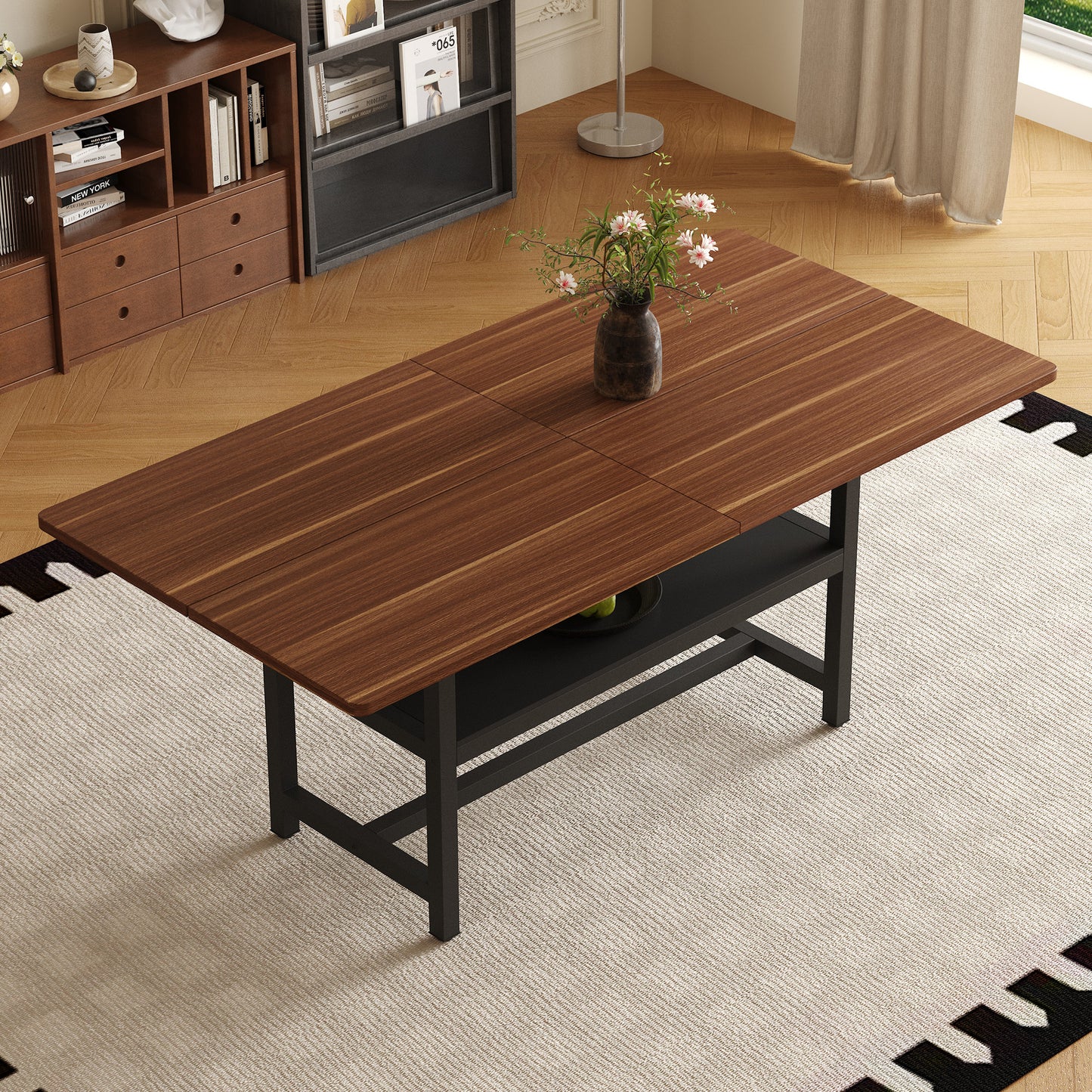 A 71 X35.4 Inch Dining Table With A Tabletop Cleverly Pieced Together By Four Walnut Textured MDF Boards. The Desktop Has A 43.3 X19.7 Storage Platform. Very Suitable For Family Gatherings,etc.