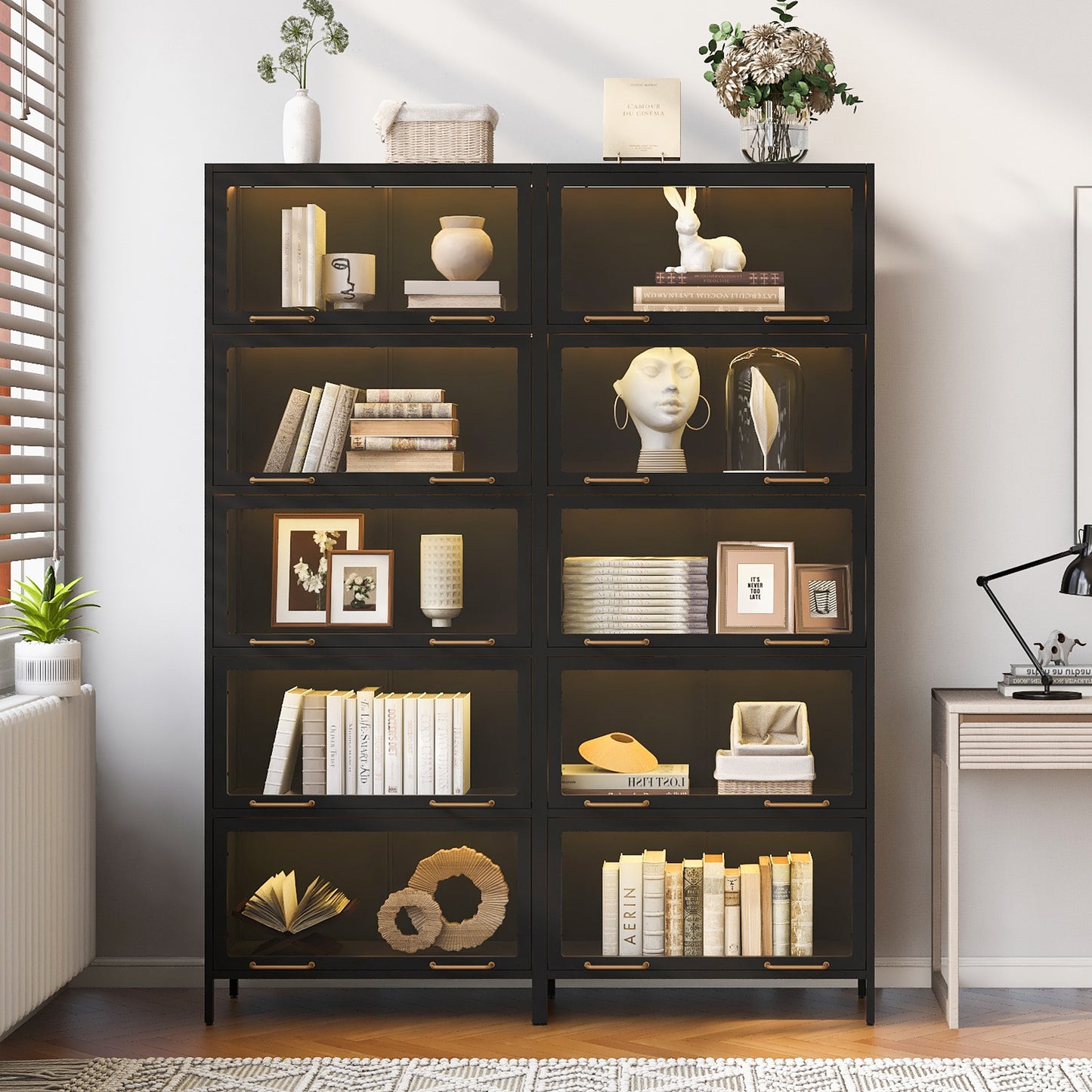 76.75  Tall Iron Display Cabinet With Glass Doors, 5-Tier Steel Barister Bookcase With LED Lights For Collectibles, Modern Style Curio Cabinet For Home Living Room Office Study & Playroom - Black