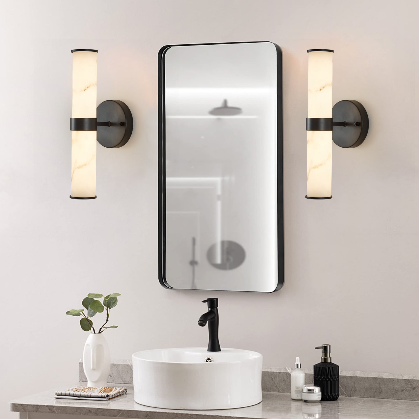 Resin  Marble Texture Wall Light With Black Iron Metal Frame,Set Of 2,Elegant Lighting Fixtures For Hallways,Bathrooms,and Bedrooms Only Indoor