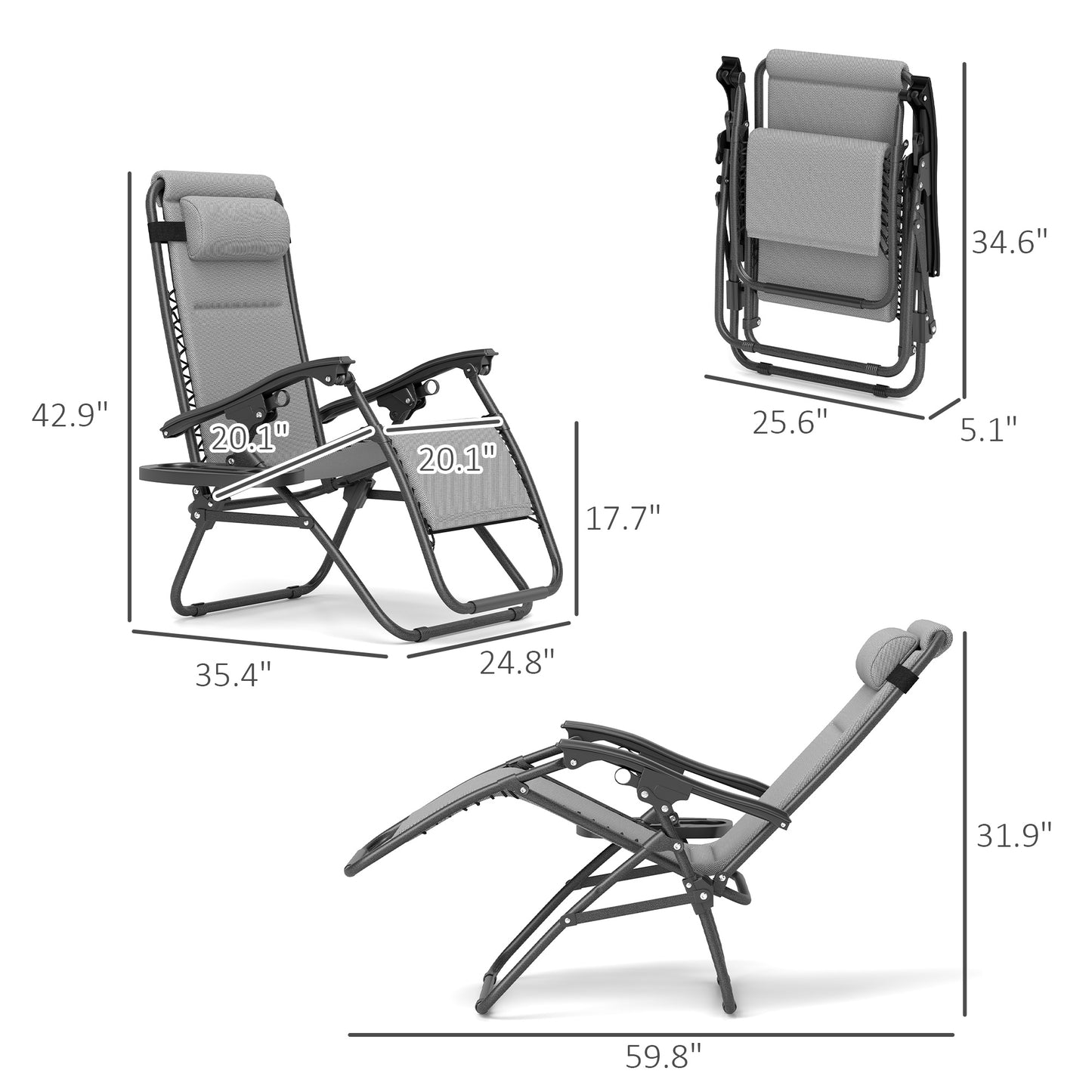 Zero Gravity Lounge Chair Set, 2 Pieces Reclining Folding Outdoor Lounge Chairs With Headrest Side Tray, Light Gray