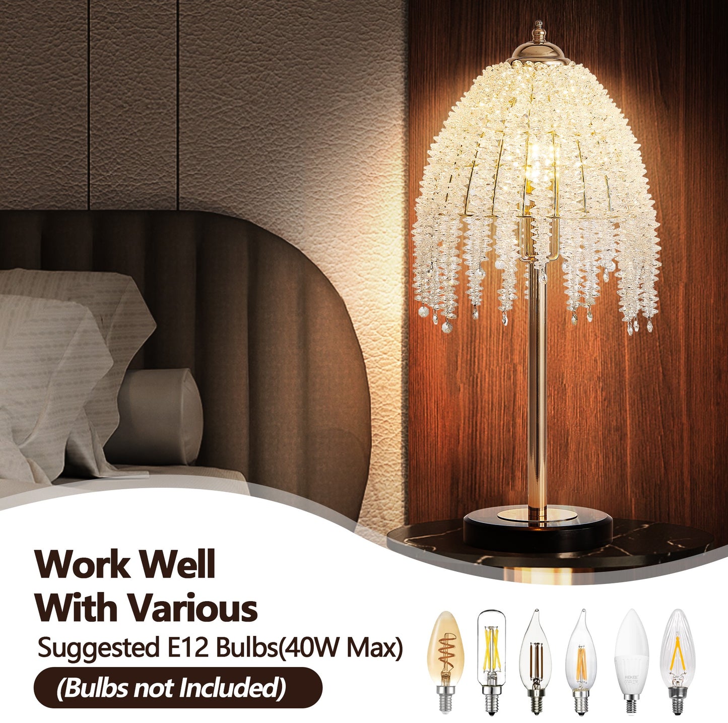 19 H Elegant Crystal Table Lamp   Vintage Waterfall Design With Crystal Bead String Shades And Marble Textured Base For Living Room, Bedroom, Or Office  Bulb Not Included