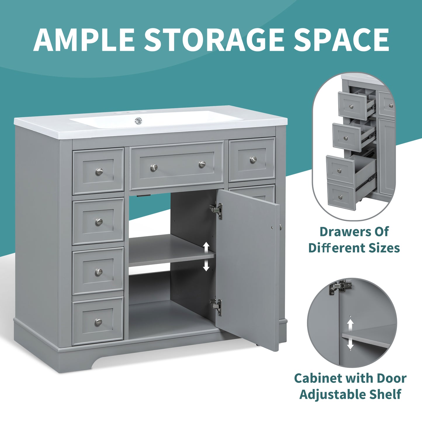 36  Bathroom Vanity Without Sink, Cabinet Base Only, One Cabinet And Six Drawers, Grey