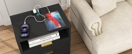 Nightstand With Charging Station, Smart Nightstand With Night Light,Bedside Tables With Storage Cabinet For Bedroom,Black