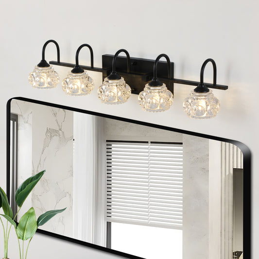 29  Retro 5-Light Bathroom Vanity Light Fixture - Black Finish With Crystal Glass Shades, Wall Mounted Lighting For Bathroom, Powder Room, And Vanity Mirror  No Bulbs