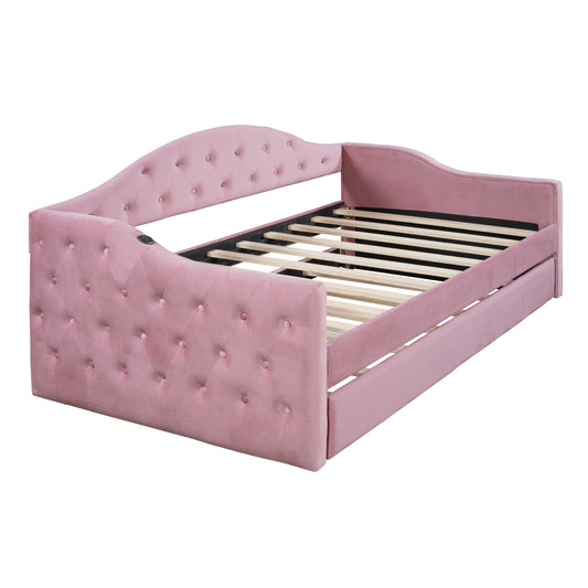 Twin Size Tufted Upholstered Daybed With Trundle ,Velvet Sofabed With USB&Type-C Charging Ports,No Box-spring Needed
