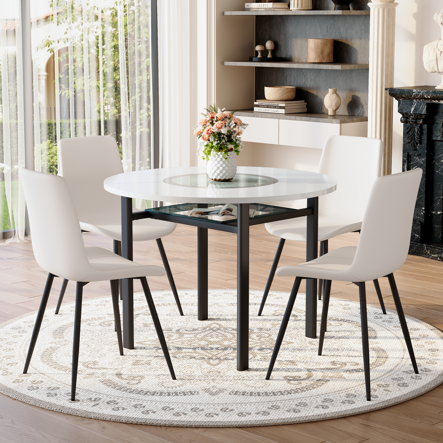 Table And Chair Set.42 Inch Modern Minimalist White Desktop Round Dining Table Set.Paired With 4 White Artificial PU Chairs With Curved Widened Cushion Design.Suitable For Dining Rooms,office,etc.