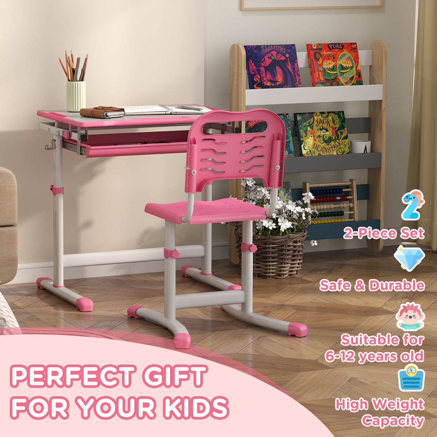 Height Adjustable Kids Desk And Chairs Set With Tilt Desktop, Storage Drawer, Pen Slot, Hook, Pink