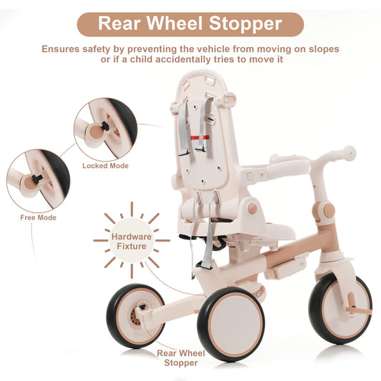 7 In 1 Baby Tricycle, Foldable Toddler Tricycle With Removable And Adjustable Parent Handle, Toddler Push Bike With Removable Pedal, Canopy, And Guardrail, Tricycle For 12-72 Months, Light Brown