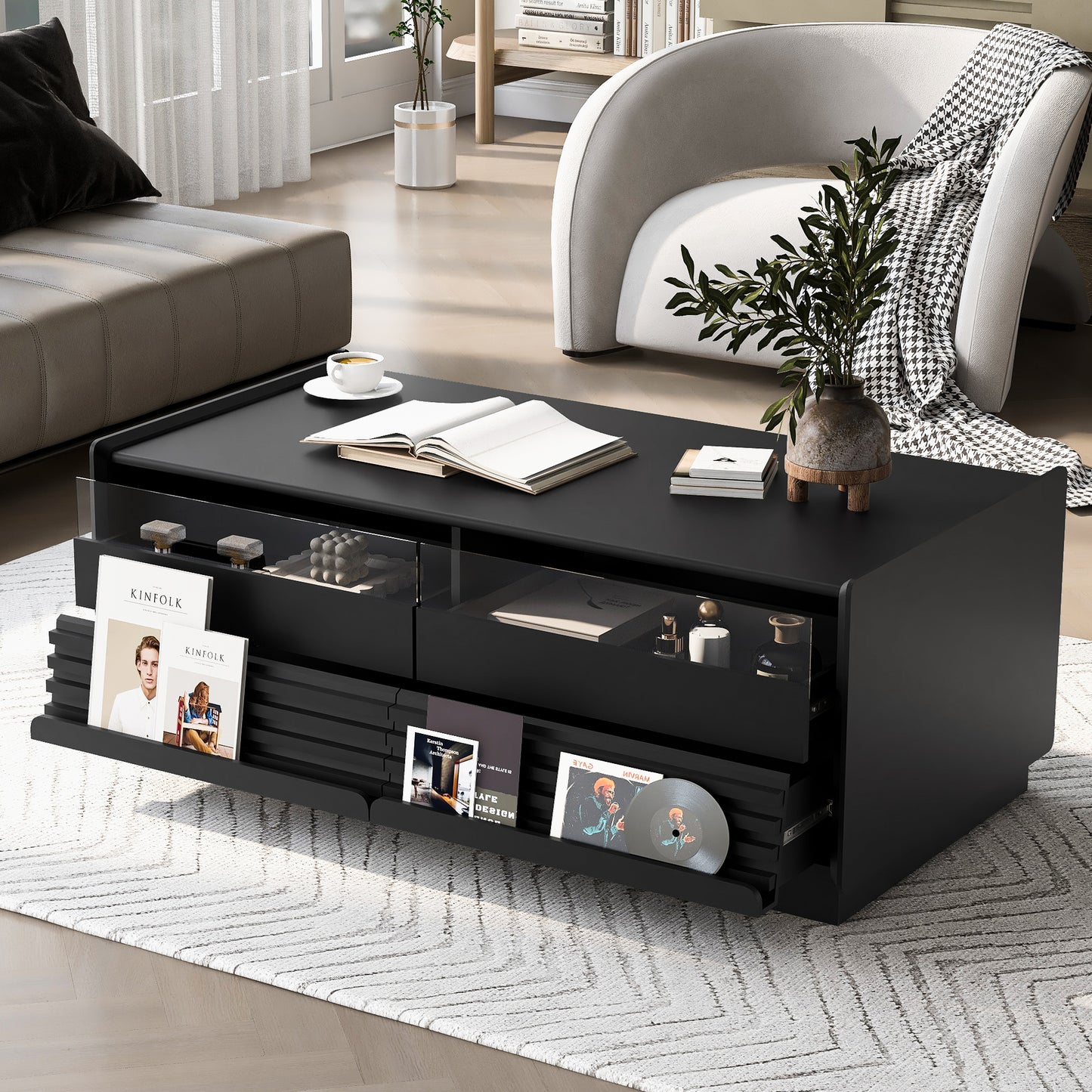 U-Can Modern Rectangle Coffee Table With 4 Drawers And 2 Display Shelves, 47.2  Wood Coffee Table With Fluted Style, Tempered Glass For Living Room