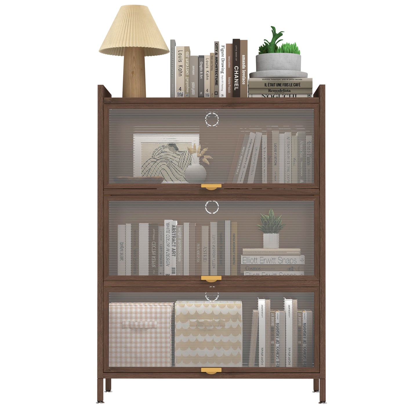 44'' Tall Metal 3 Flip Doors Cabinet, With Ample Storage Space For Bedroom, Office, Living Room, Hallway, Entryway Walnut