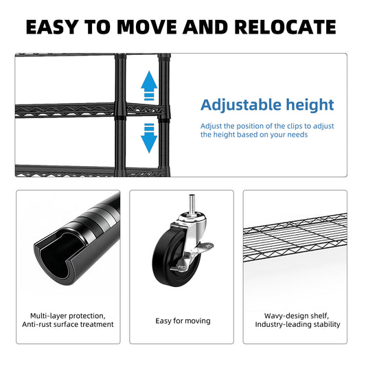 Heavy Duty Rolling Garment Rack 3 Tiers Adjustable Wire Shelving Clothes Rack With 2 Rods And Side Hooks,Storage Closet Clothing Rack With Wheels Black 15.7  D X 45.3  W X 79.6  H