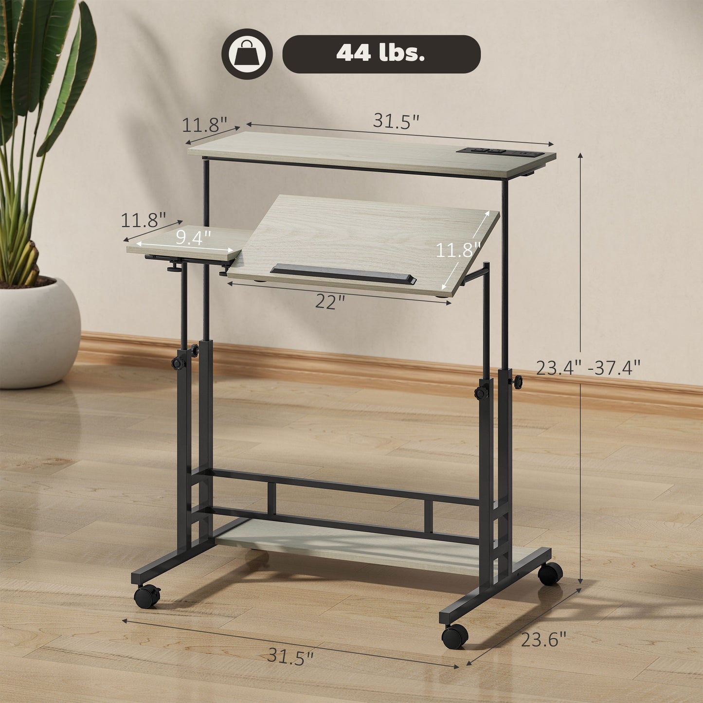 Adjustable Standing Desk With Power Outlets, Stand Up Desk With Tiltable Tabletop, Wheels, Shelf, For Home Office, Oak