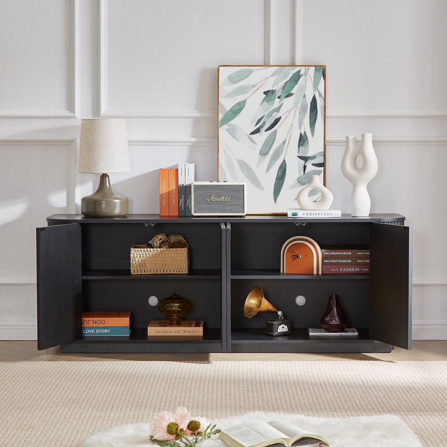 Sideboard Storage Cabinet TV Stand With Wave Pattern Buffet Cabinet Wooden Vertical Striped Cabinet For Kitchen Bedroom Entryway. Black, 64 W X 15 D X 24 H.
