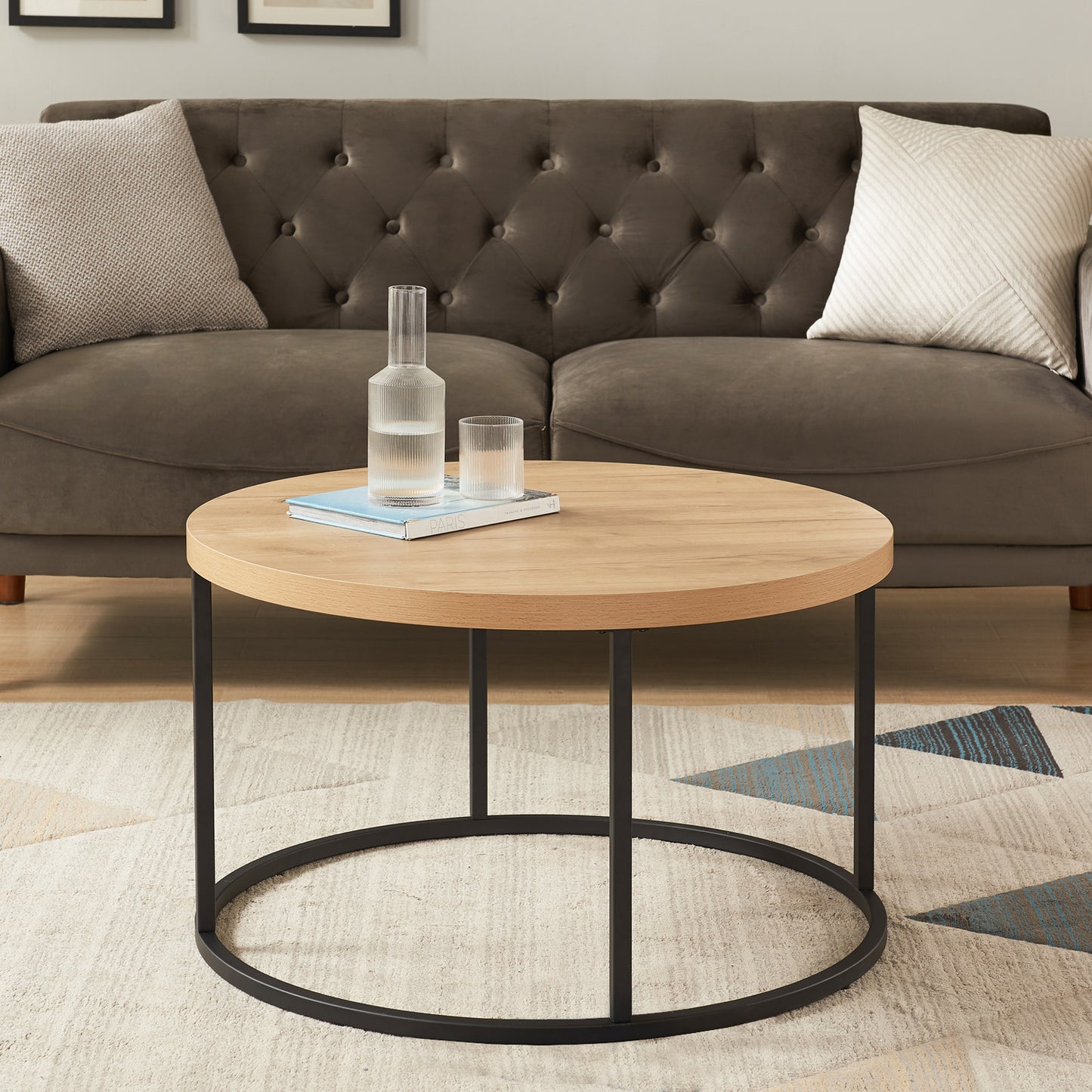 31.5  Round Coffee Table For Living Room, Modern Industrial Wood Circle Center Table With Sturdy Metal Legs, Thick Scratch-Resistant Top, Natural Oak Finish