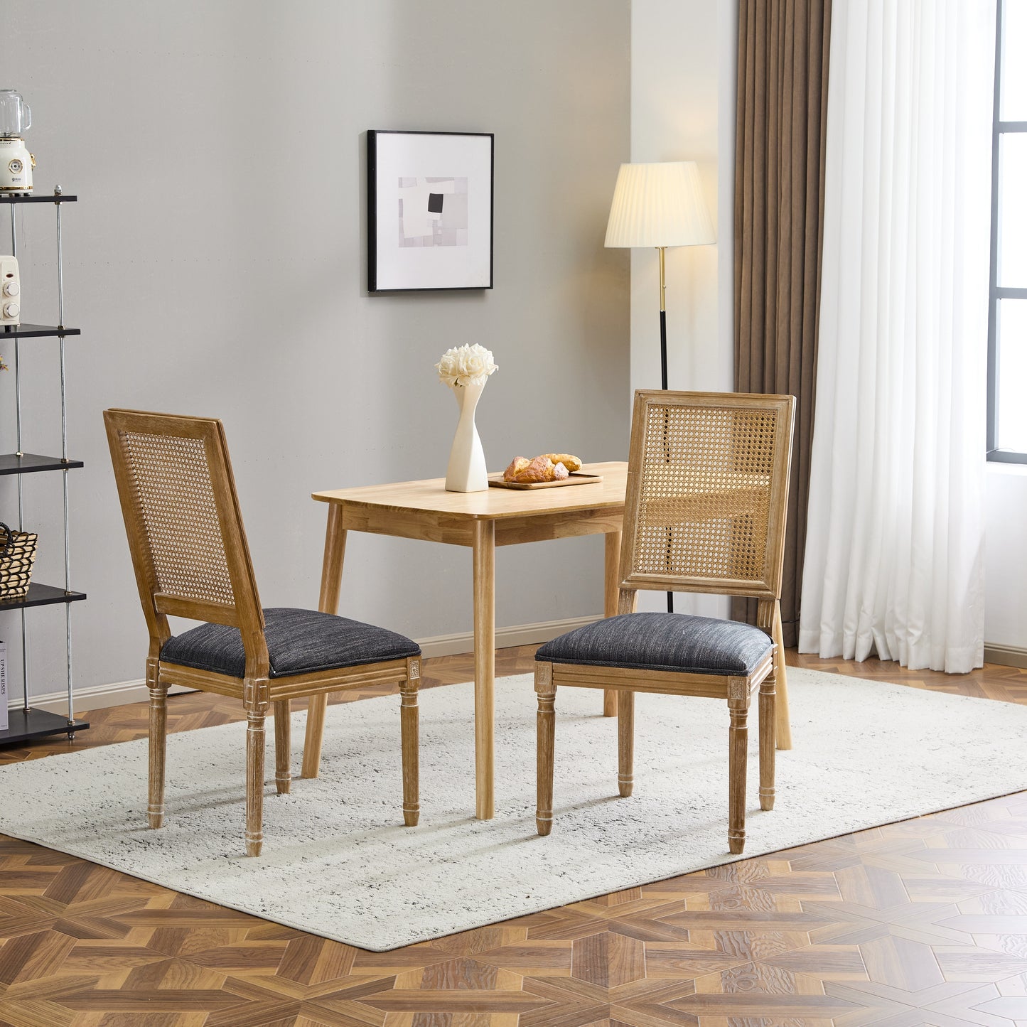 French Country Dining Chairs - Elegant Cane Backrest & Upholstered Seats With Fluted Legs - Rustic Weathered Finish - Solid Rubberwood Frame - Vintage Inspired Kitchen & Dining Room Chairs