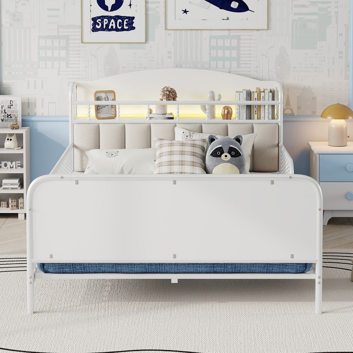 Full Size Metal Platform Bed Frame With Light, Kids Full Metal Bed With Upholstered And Storage Headboard, White Expect Arrival Date 2025 10 5