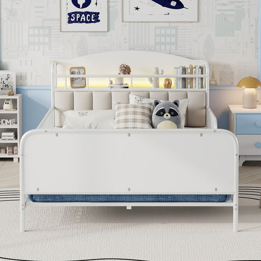 Full Size Metal Platform Bed Frame With Light, Kids Full Metal Bed With Upholstered And Storage Headboard, White Expect Arrival Date 2025 10 5