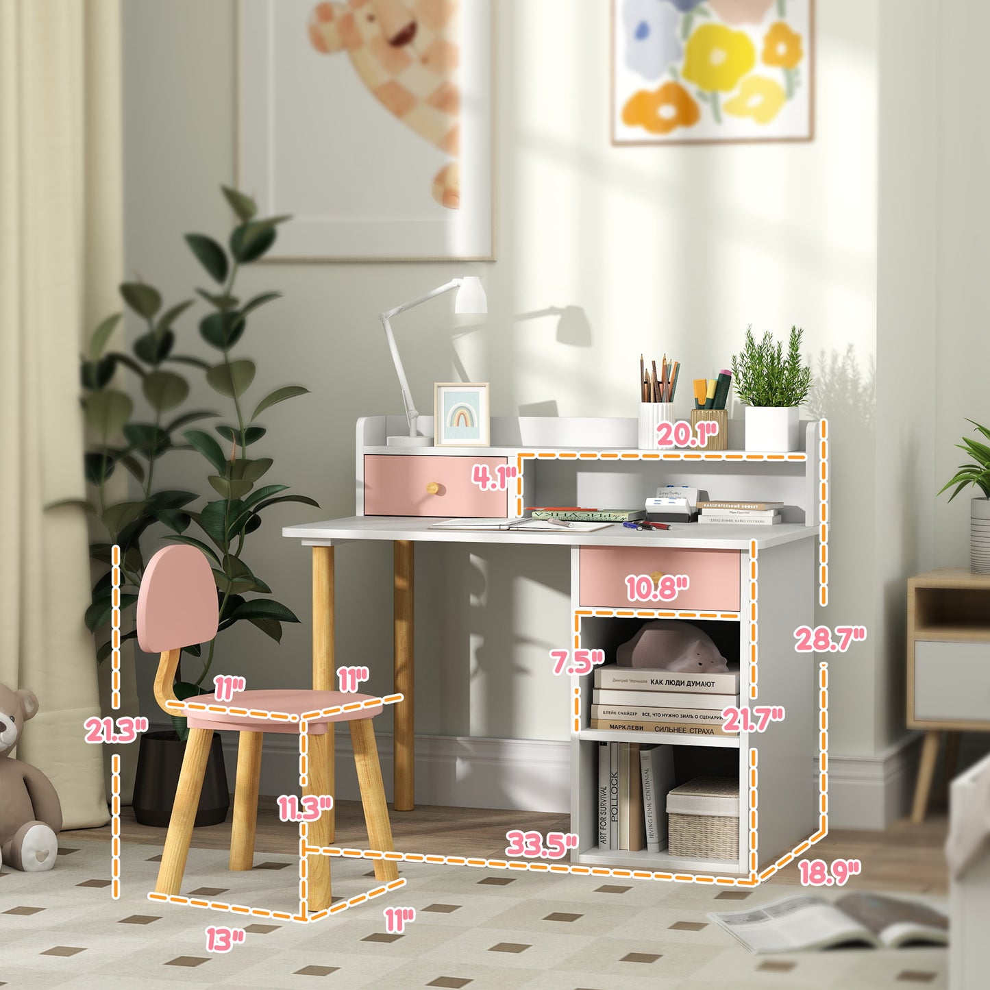 Kids Study Desk With Storage, Kids Desk And Chair Set For Bedroom & Study Room, Girls Boys Aged 3-8 Years, Pink
