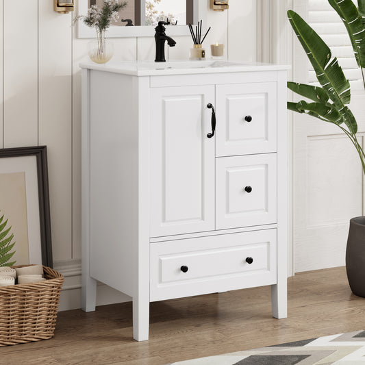 24 Inch Bathroom Vanity With Sink, One Cabinet With Soft-closing Door, 3 Soft-closing Drawers, Retro Metal Handles, White