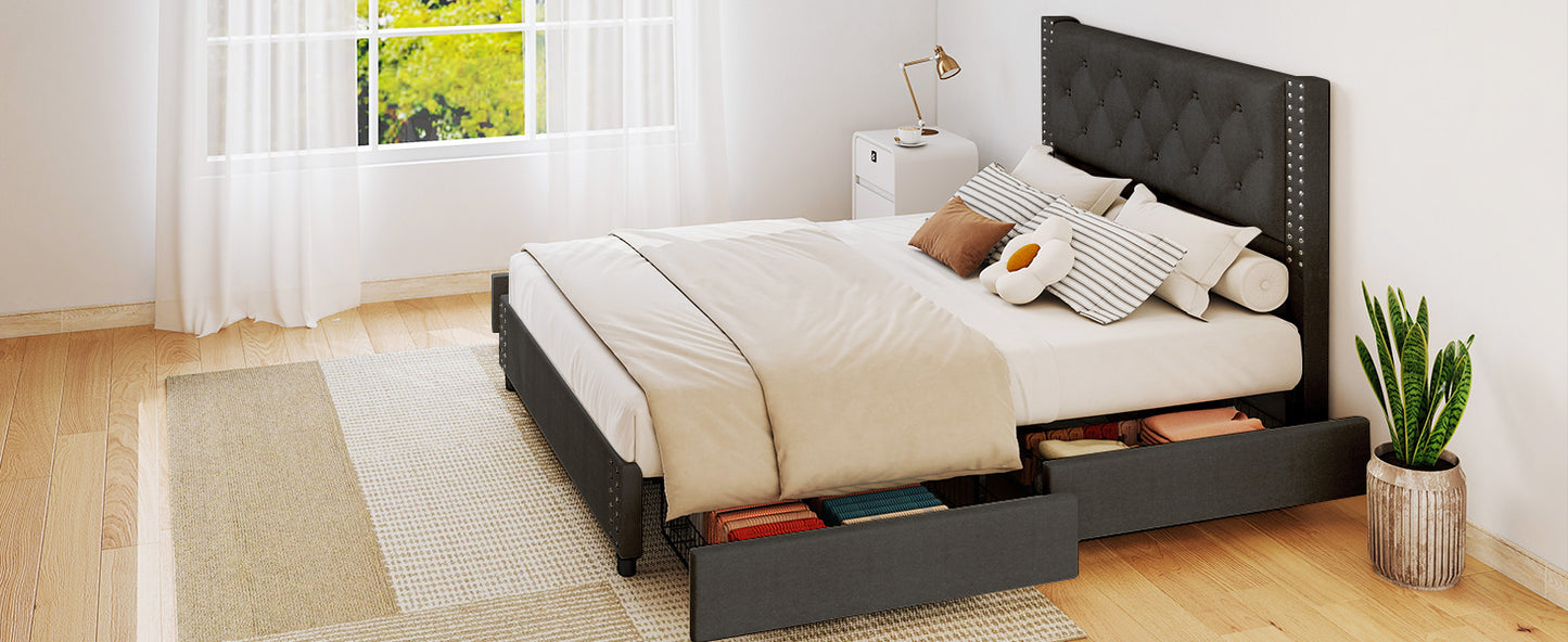 Full Size Bed Frame With Upholstered Button Tufted Headboard Wood Slat Support Metal Platform Bed Frame With 4 Drawers No Box Spring Needed Easy Assembly For Home