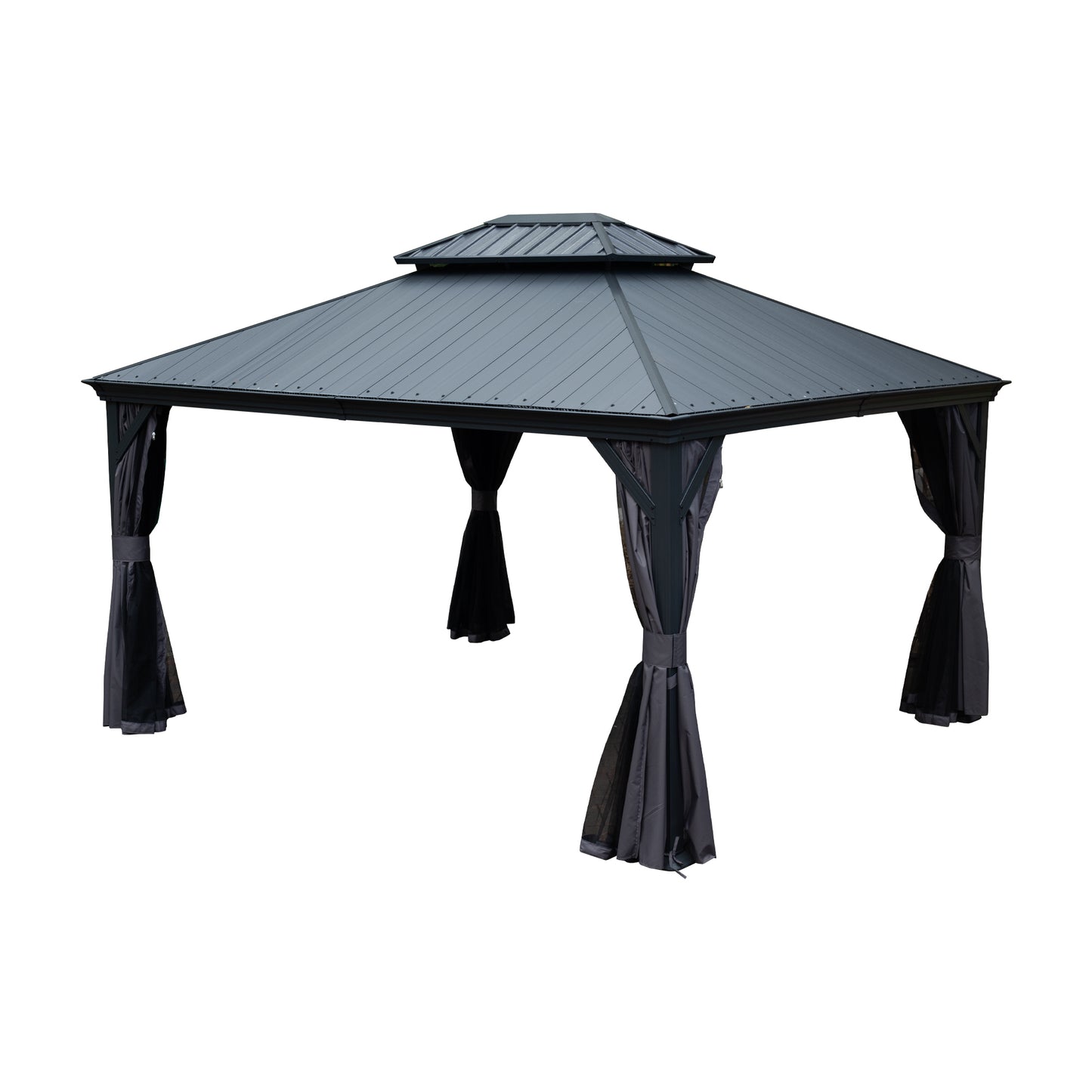 10 X12  Hardtop Gazebo With Resin Roof, Outdoor Metal Gazebo With Drainage Gutters, Permanent Heavy Duty Pavilion For Patio, Backyard And Deck, Curtains And Mosquito Netting Included
