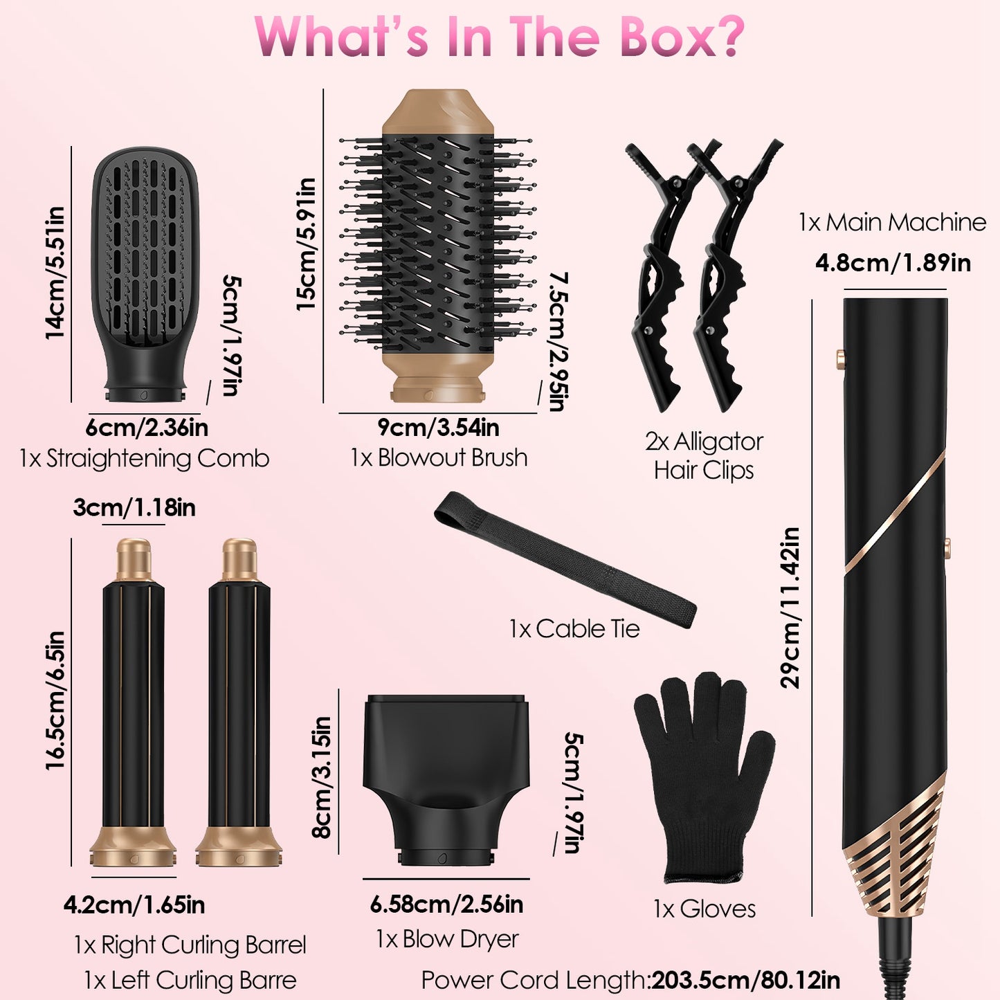 1Pc 5 In 1 Hot Air Styler Straightener Curler Dryer Automatic Wrap Styler Hair Dryer Brush Set With 3 Temp Settings ALCI Plug Glove Cable Tie 2 Alligator Hair Clips