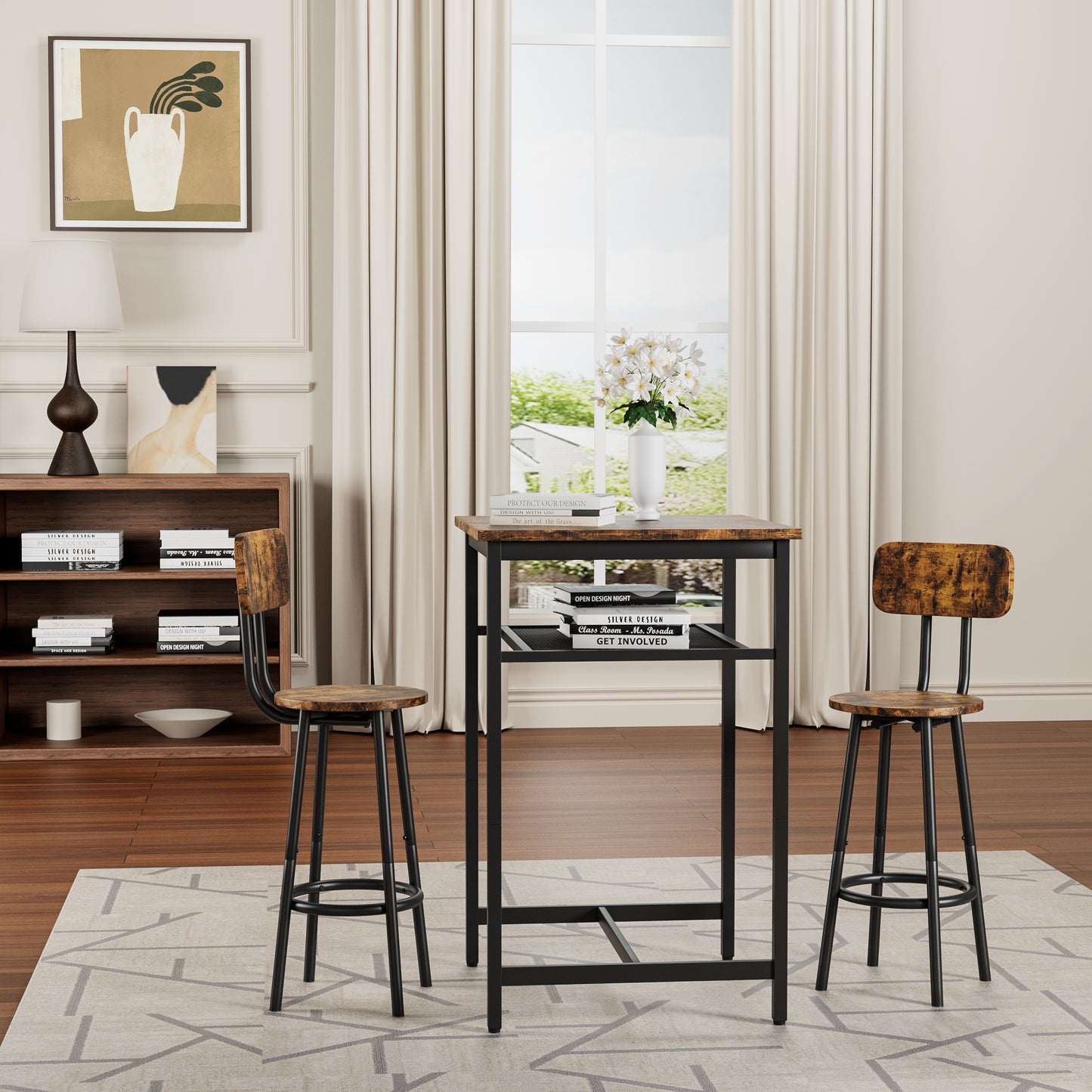 Bar Table, Equipped With 2 Bar Stools , With Backrest And Partition Rustic Brown